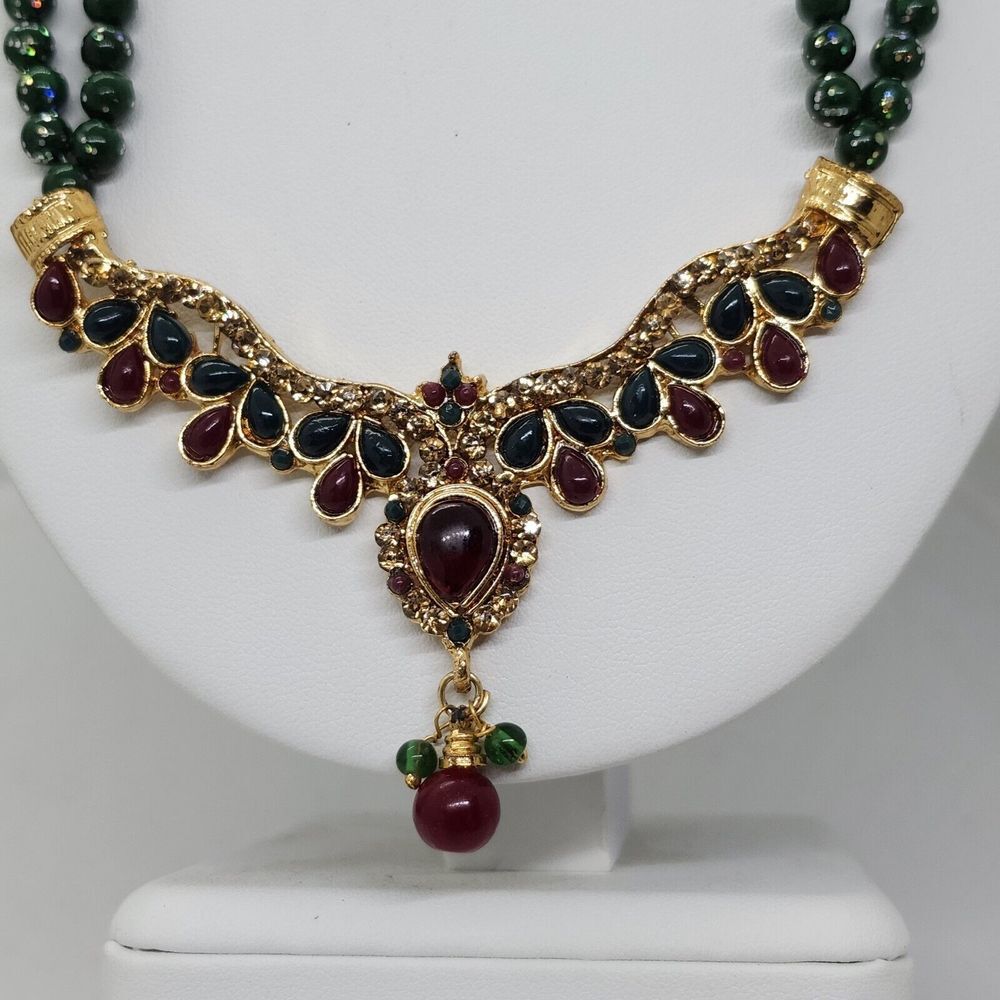Double Strand Green Glitter Bead ‎ Kundan Style India